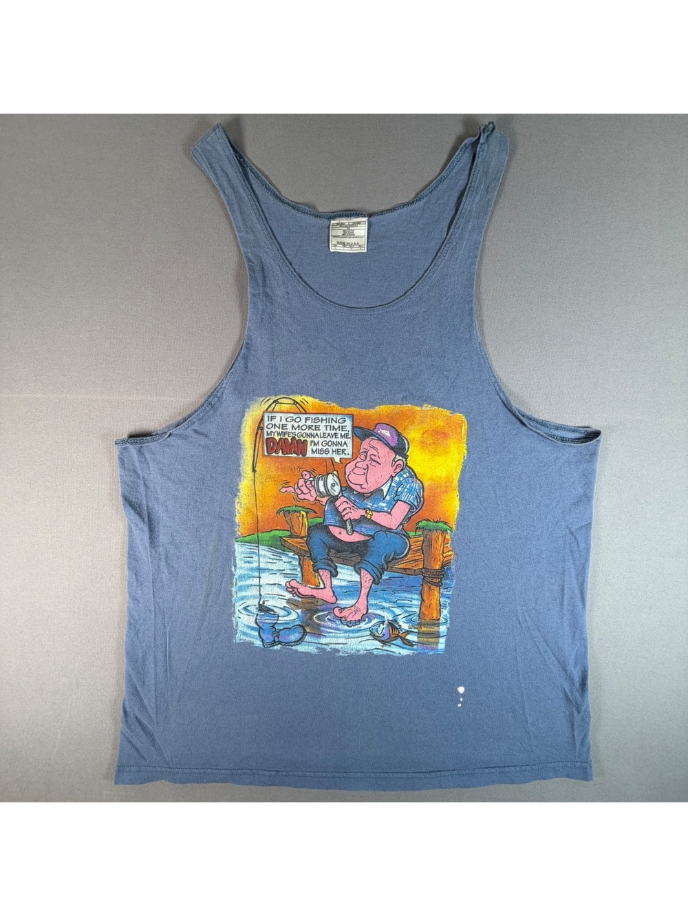 VTG 90s Freeze Fishing Tank Top Men's L Blue Humor Wife Cartoon Graphic 21.5x30